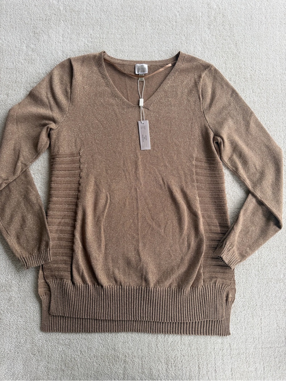 Cupio Womens M Metallic Gold Bronze V Neck Sweater Ribbed Tunic Pullover NWT